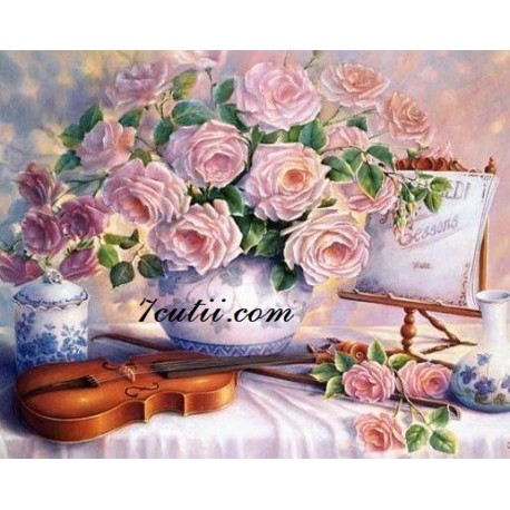 Pictura pe numere - Vioara, ceai si flori