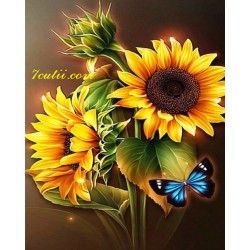 Pictura pe numere - Sclipitul florii soarelui si fluturele albastru