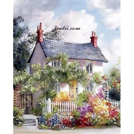 Pictura pe numere - Casa cu o frumoasa gradina de flori