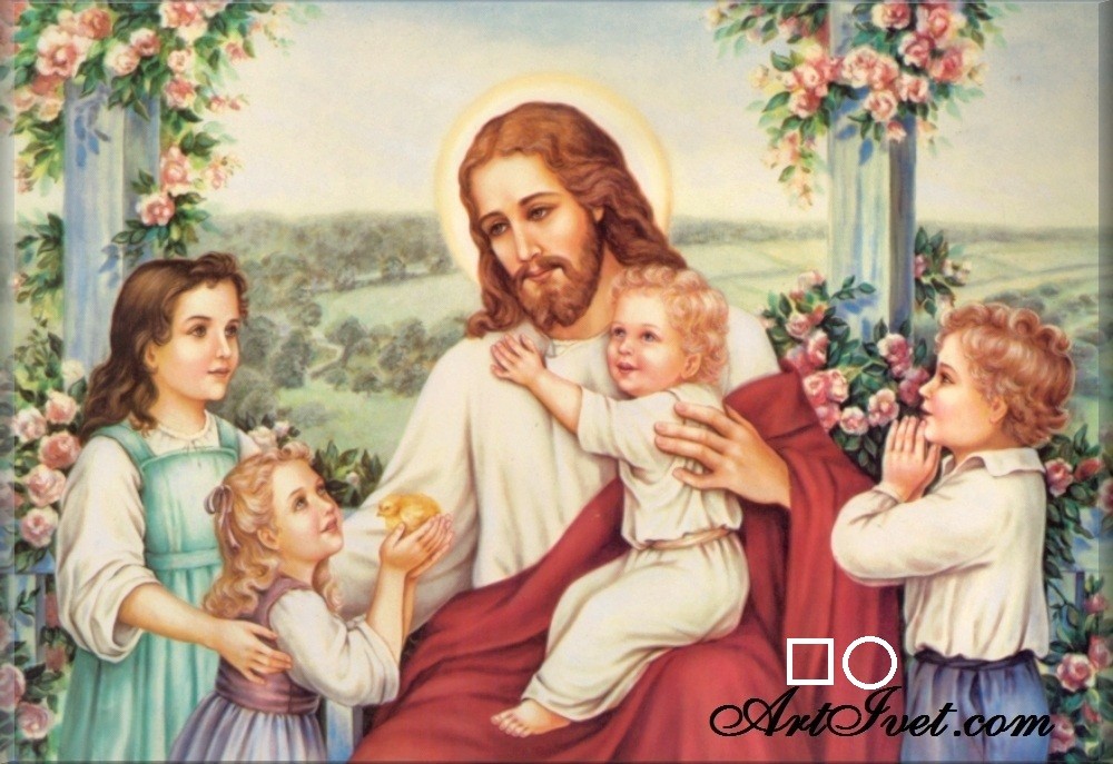Goblen de diamante - Isus iubeste copiii: Dimensiuni si tip - 60x40 cm Margele Patrate