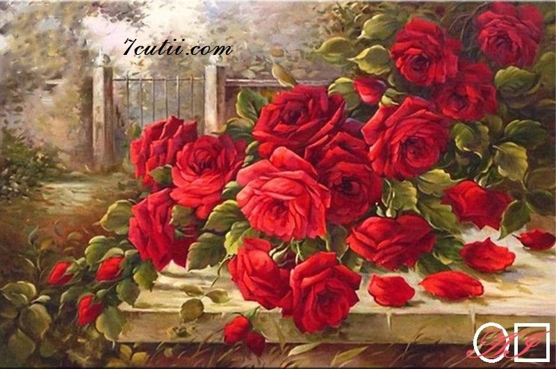 Goblen  de  diamante -  Trandafiri rosii si parfumati: Dimensiuni si tip - 35x25 cm Margele Patrate