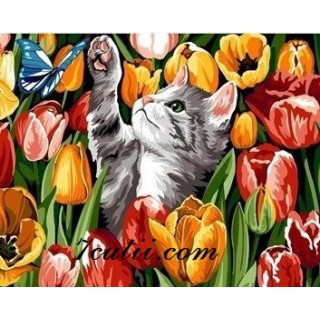 Pictura pe numere - Pisica printre tulipani