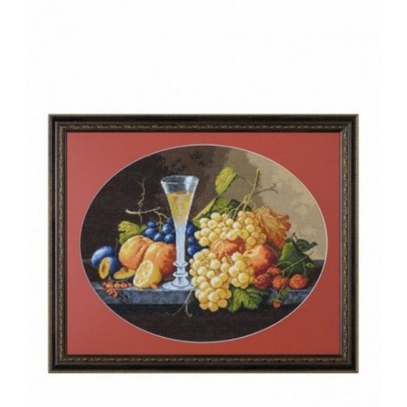Set Goblen - Natura moarta cu fructe si un pahar de vin, fire DMC. Punct in cruce, Aida 16 K
