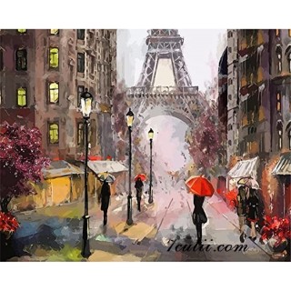 Pictura pe numere - Ploaia si luminile magazinelor de langa Turnul Eiffel