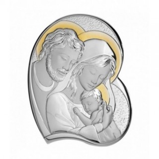 Icoana Argint Sfanta Familie 24х47 cm. ( cu forma de inima si aure in auriu)