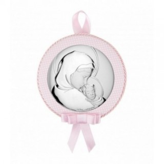Icoana Argint - Maica Domnului cu Pruncul - Medalion Roz 9x9cm
