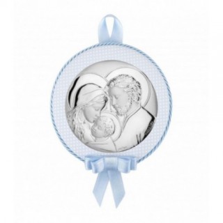 Icoana Argint Sfanta Familie - Medalion Albastru - 9x9 cm