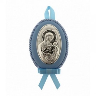 Icoana Argint Maica Domnului cu Pruncul - Medalion Albastru - 7х9 cm