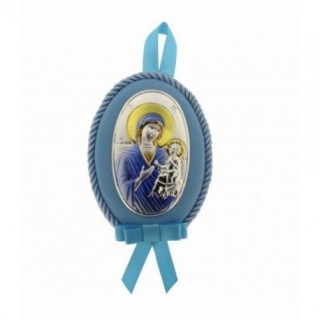 Icoana Argint Maica Domnului cu Pruncul - Medalion Albastru - 7х9 cm
