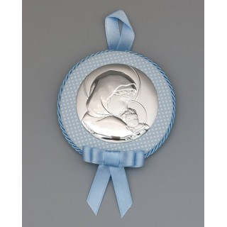 Icoana Argint Maica Domnului cu Pruncul - Medalion Albastru - 9x9 cm