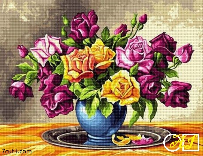 Goblen  de  diamante - Buchet de trandafiri in galben si violet: Dimensiuni si tip - 48x36 cm Margele Patrate