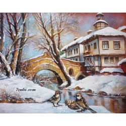 Pictura pe numere - Iarna si casele din apropierea podului