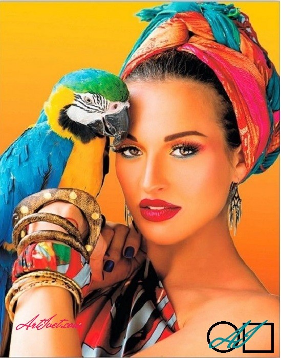 Goblen  de  diamante - Frumoasa cubaneza si papagalul ei: Dimensiuni si tip - 28x22 cm Margele Patrate