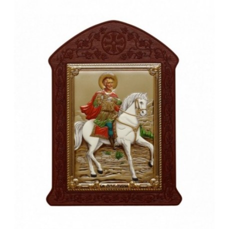 Icoana Argint - Sfantul Mina - cu rama sculptata MDF - 19x26 cm