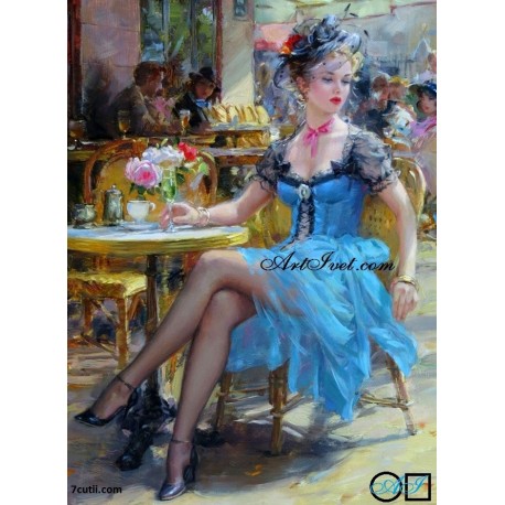 Goblen de diamante Femeia din Paris cu rochia albastra