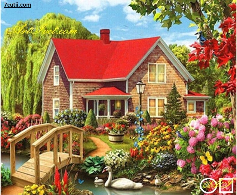 Goblen  de  diamante - Casa cu acoperisul rosu: Dimensiuni si tip - 30x24 cm Margele Patrate
