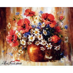 Pictura pe numere - Vaza maro cu flori de vara si buna dispozitie