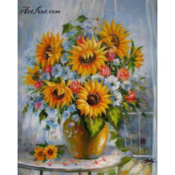 Pictura pe numere - Vaza aurie cu floarea soarelui si margarete