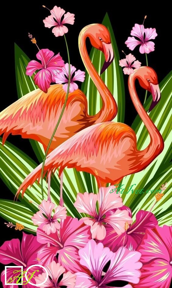 Goblen de diamante - Flamingouri si flori: Dimensiuni si tip - 34х20 cm. Margele Patrate