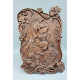 Icoana sculptata in lemn - Fecioara Maria si Pruncul cu o coroana de Cale