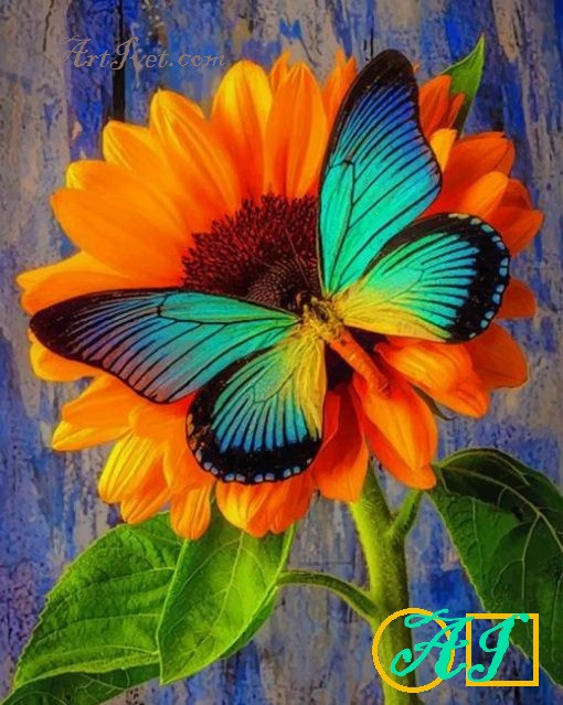 Goblen  de  diamante -  Fluturele turcoaz si floarea portocalie: Dimensiuni si tip - 50x40 cm Margele Rotunde (Circulare)