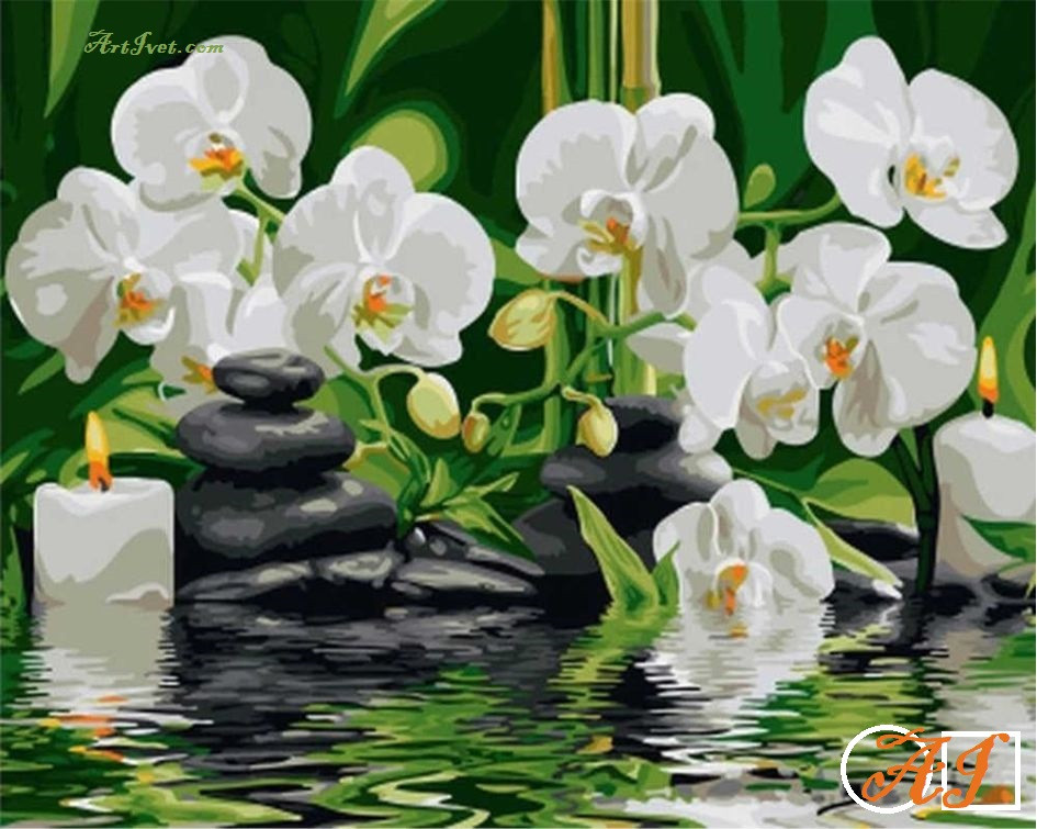 Goblen  de  diamante - Relaxare si orchidei albe: Dimensiuni si tip - 40x32 cm Margele Rotunde (Circulare)