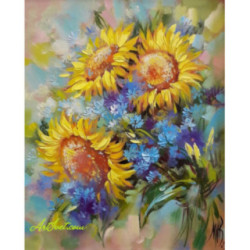 Pictura pe numere - Floarea Soarelui si albastele ( dupa pictura lui Miglena Kirilova)