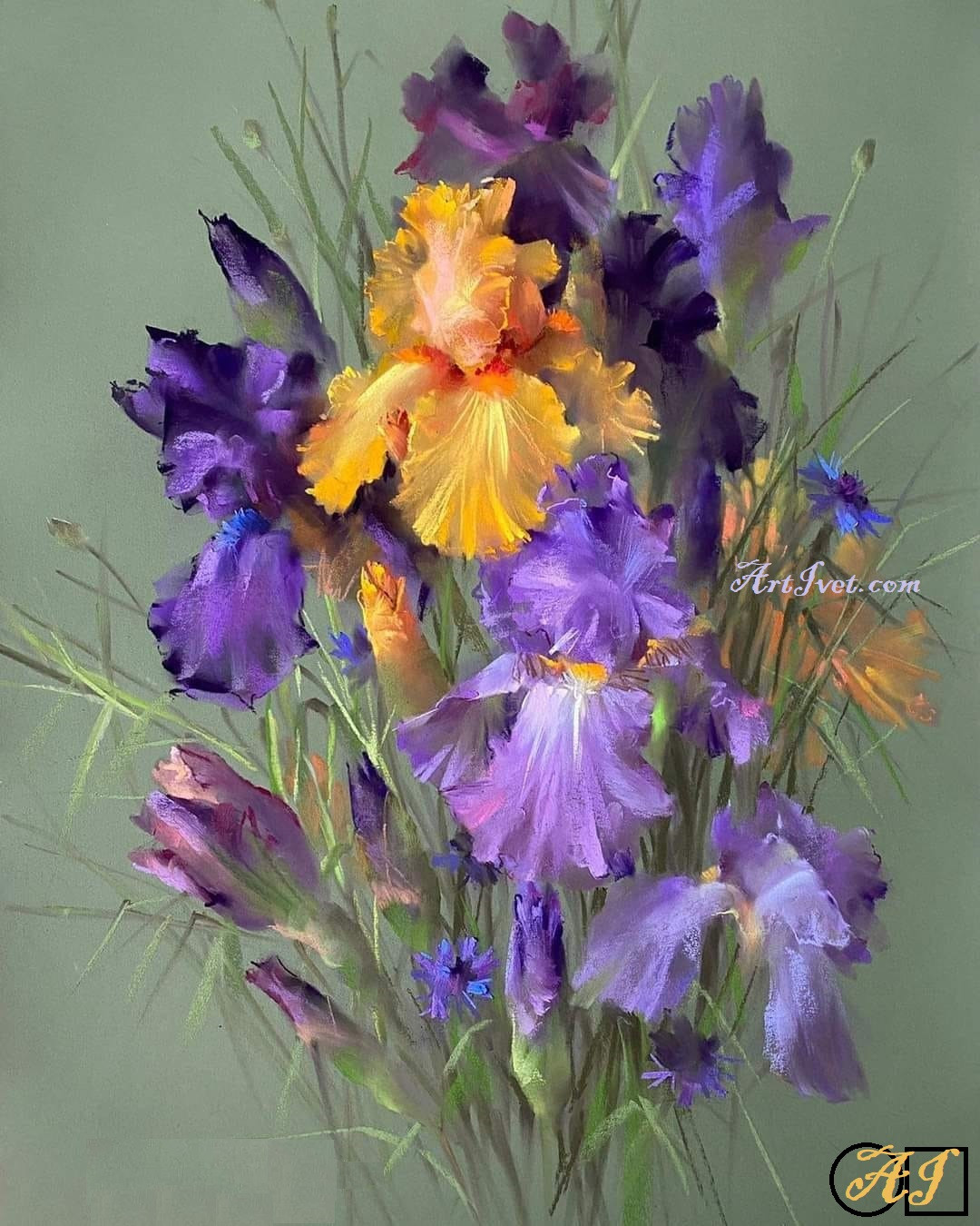 Goblen  de  diamante - Buchet cu Irisi in Violet si portocaliu: Dimensiuni si tip - 30x24 cm Margele Patrate