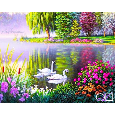 Goblen de diamante - Lebede albe la lacul cu flori colorate