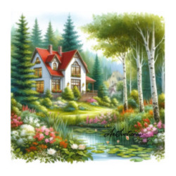 Pictura pe numere - Casa Mariei, inconjurata de lac si flori minunate 40х40 cm