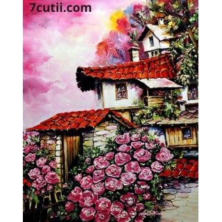 Pictura pe numere - Casa cu trandafirii infloriti
