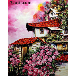 Pictura pe numere - Casa cu trandafirii infloriti