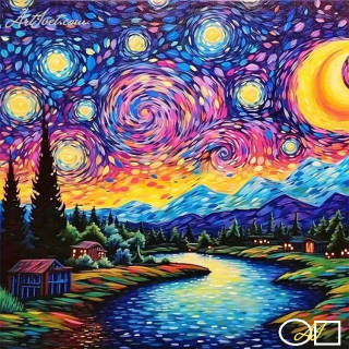 Goblen de diamante - O noapte de luna cu stele in multe culori