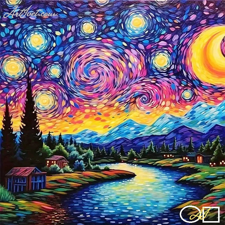 Goblen  de  diamante - O noapte de luna cu stele in multe culori: Dimensiuni si tip - 40x40 cm Margele Patrate