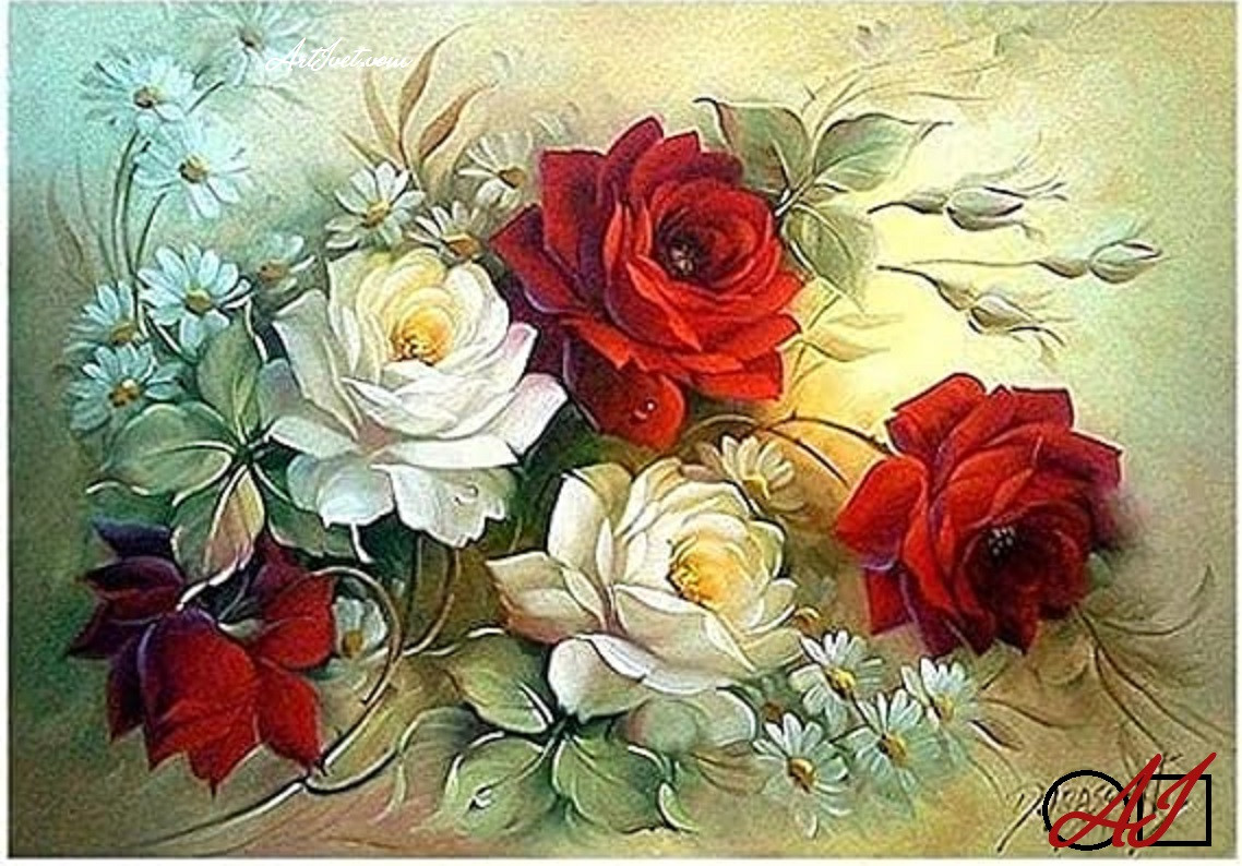 Goblen  de  diamante - Cei mai frumosi trandafiri in rosu pasional si alb gingas: Dimensiuni si tip - 40x28 cm Margele Patrate