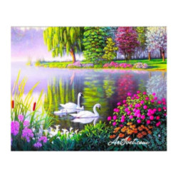 Pictura pe numere - Lebede albe la lacul cu flori colorate
