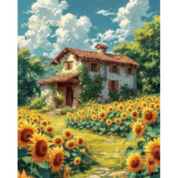 Pictura pe numere - Casa veche langa campul cu floarea soarelui