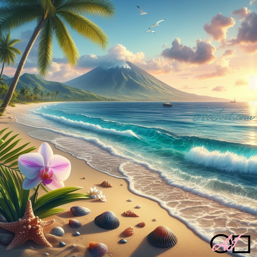 Goblen  de  diamante - Coasta tropicala la poalele vulcanului: Dimensiuni si tip - 25x25 cm Margele Patrate