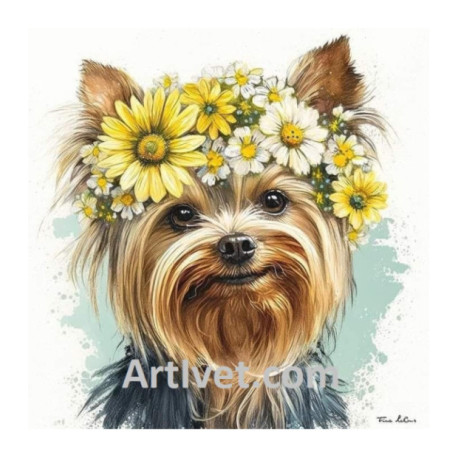 Pictura pe numere - Catelus yorkie cu coronita de flori 40х40 cm