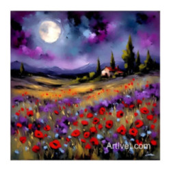 Pictura pe numere - Noaptea violeta cu luna mare 40х40 cm