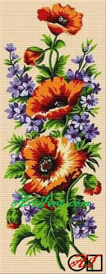 Goblen de diamante - Maci si albastrele: Dimensiuni si tip - 50x20 cm Margele Patrate