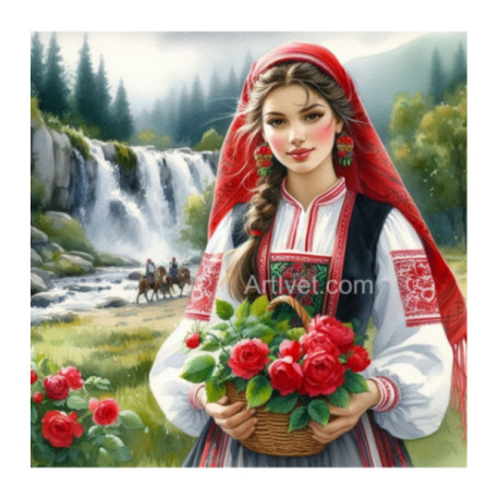 Pictura pe numere - Daniela culege trandafiri salbatici 40х40 cm