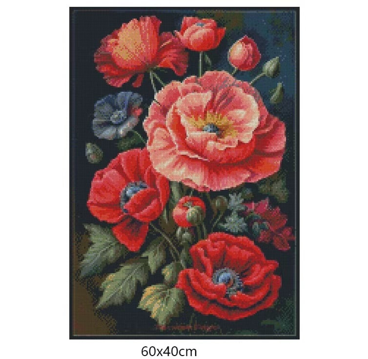 Goblen  de  diamante - Explozie de culori cu maci: Dimensiuni si tip - 40x27 cm Margele Patrate