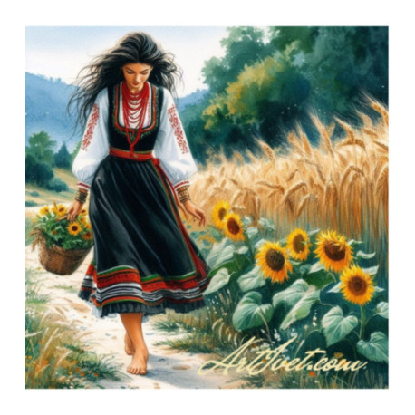 Pictura pe numere - Fata desculta pe carare printre grau 40х40 сm