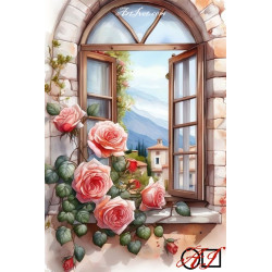 Goblen de diamante - Fereastra cu trandafiri roz