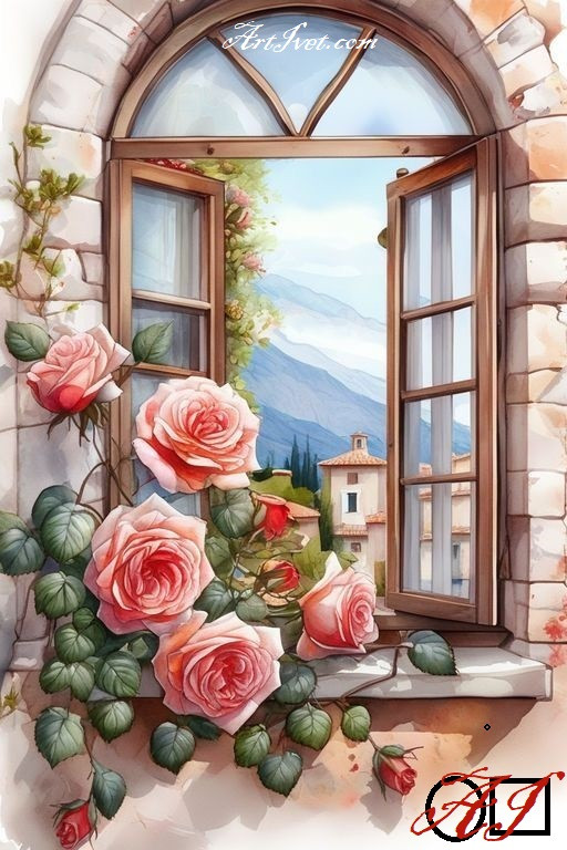 Goblen  de  diamante - Fereastra cu trandafiri roz: Dimensiuni si tip - 32x20 cm Margele Patrate