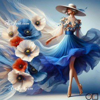 Goblen de diamante - Frumoasa cu rochie cu maci colorati