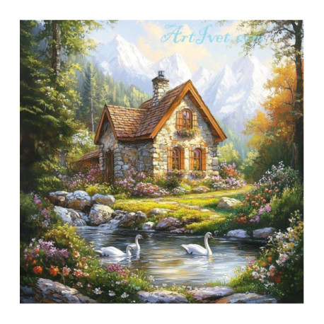 Pictura pe numere - Casa langa lacul cu lebede 40х40 сm
