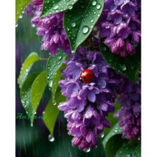 Pictura pe numere - Liliac si buburuza sub ploaia de primavara