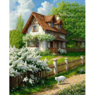 Pictura pe numere - Casa cu pisica alba
